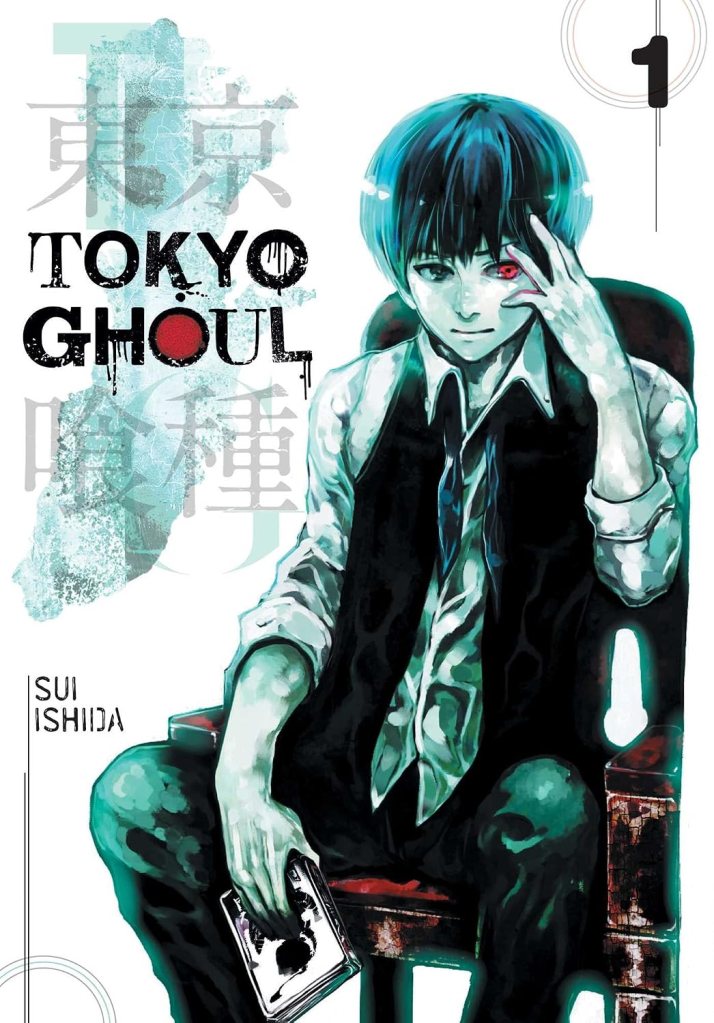 Cover art for the manga 'Tokyo Ghoul' featuring a young man with blue hair and a red eye, sitting in a chair while holding a book.