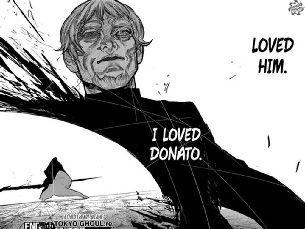 A black and white manga panel featuring a character with a serious expression, stating 'I loved Donato.' The background includes abstract shapes and lines, adding a dramatic effect.