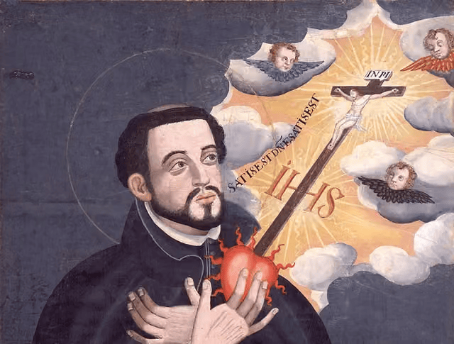 A religious figure holds a heart with flames, gazing upwards towards a crucifix surrounded by clouds and angels.