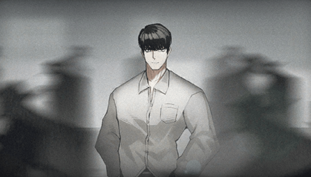 A stylized illustration of a young man with dark hair, wearing a light-colored button-up shirt, standing confidently against a blurred background.