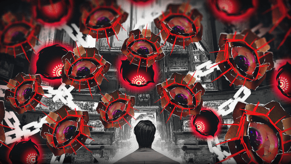 A person standing in a room surrounded by a chaotic arrangement of red and black eyes with spikes, set against a blurred background of ornate architecture.