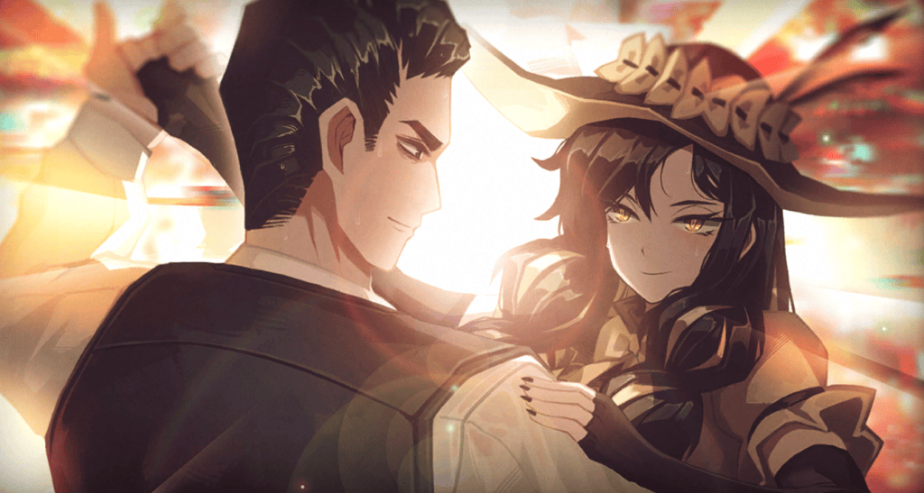 A scene depicting two characters, a man and a woman, in a dance pose. The man has dark hair and a confident expression, wearing a formal outfit, while the woman has long dark hair, golden eyes, and is adorned with a large, decorative hat. The background features abstract light effects, creating a vibrant atmosphere.