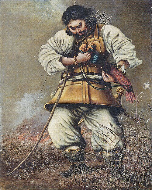 A historical figure in traditional hunting attire holds a large falcon in one hand and a bird in the other, set against a backdrop of grass and smoke.
